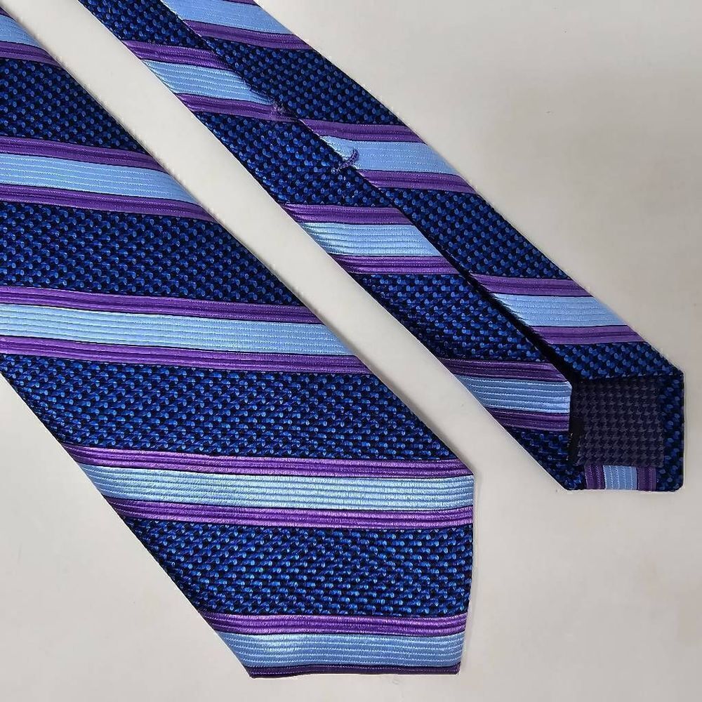 MICHELSONS OF LONDON SILK TIE PURPLE BLUE SEVEN FOLD TEXTURED SATIN 3.5" X 59"